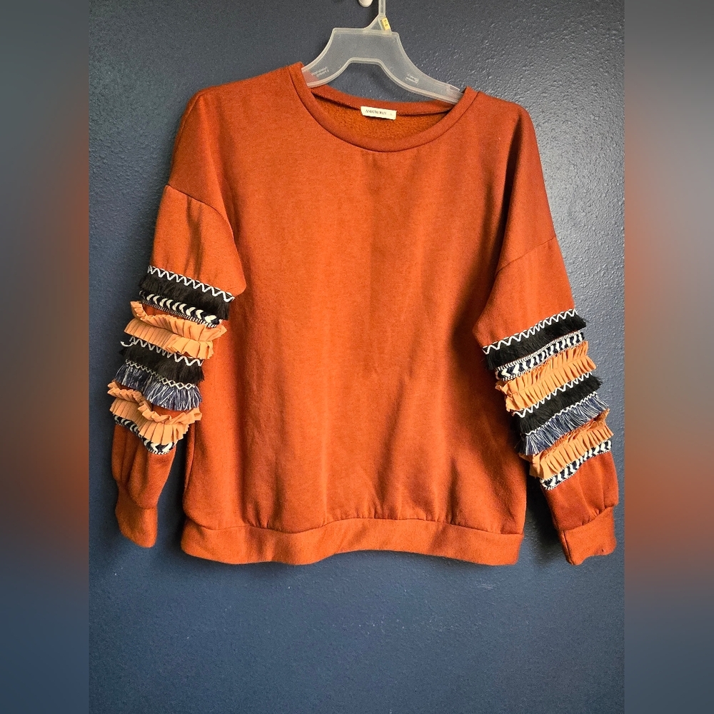 AndTheWhy Large~Boho Vibe Burnt Orange Sweatshirt~Fringe & Trim Detail Sleeves~